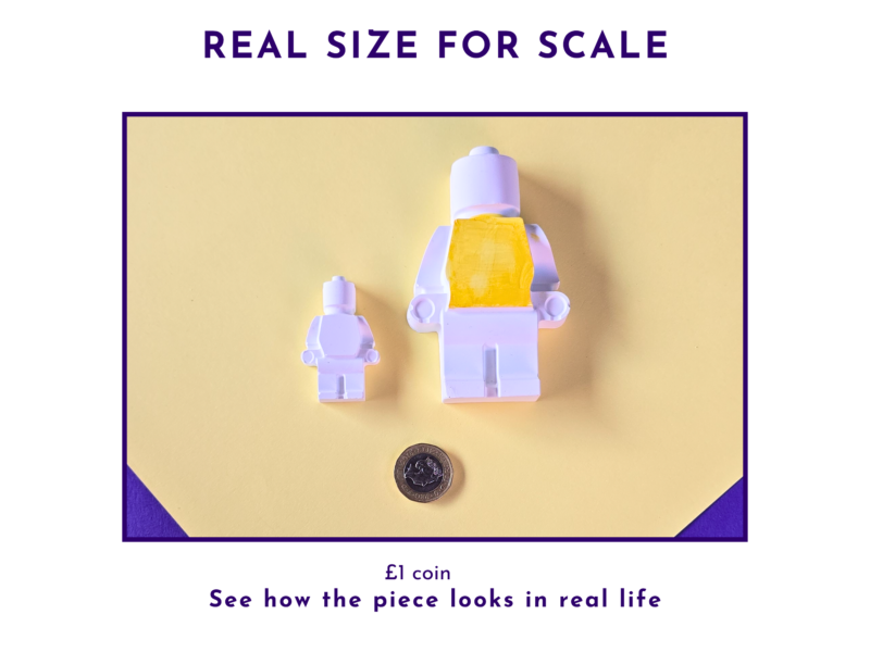 Real size for scale graphic showing the two blank brick buddy figures beside a £1 coin