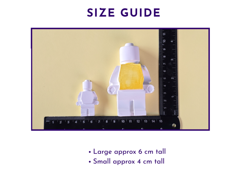 Size guide graphic showing the large and small brick buddy figures next to a ruler