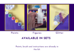 Graphic showing close-up sections for paints, figures and glitter included in the brick buddy kit