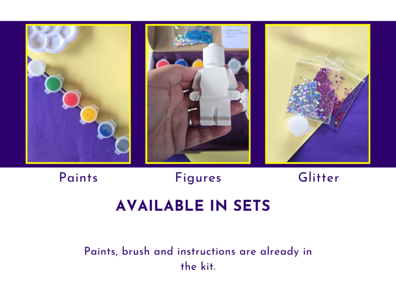 Graphic showing close-up sections for paints, figures and glitter included in the brick buddy kit