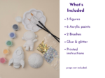 What’s included graphic showing the space kit contents with paints, brushes, blank shapes and glitter beside a text list