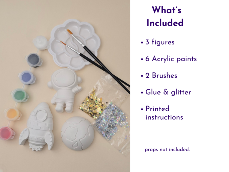 What’s included graphic showing the space kit contents with paints, brushes, blank shapes and glitter beside a text list