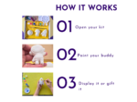 How it works graphic showing three steps for opening, painting and displaying the space kit