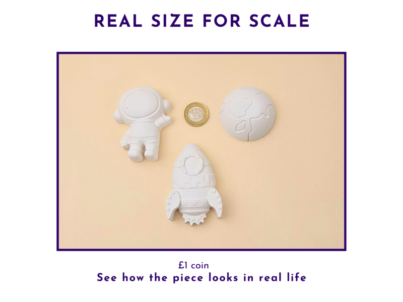 Real size for scale graphic showing the astronaut, rocket and planet shapes beside a £1 coin