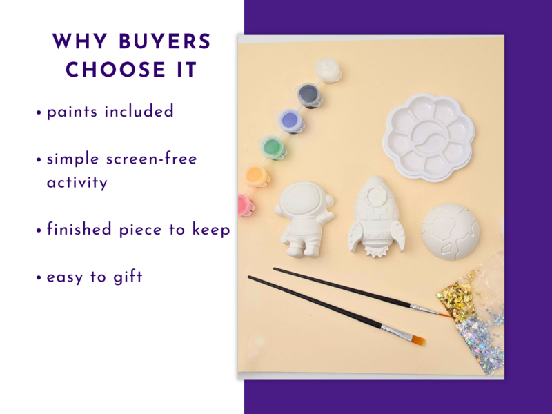 Key features graphic with a photo of the space kit and bullet points about included paints, screen-free activity and finished pieces to keep