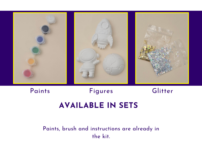 Graphic showing close-up sections for paints, figures and glitter included in the space kit