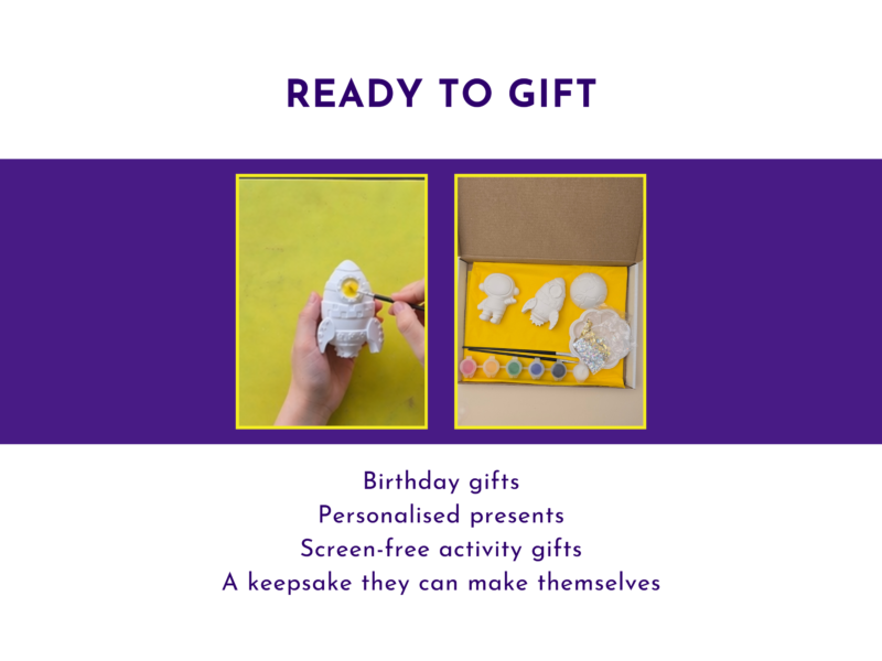 Ready to gift graphic showing a hand holding one blank shape and the boxed space kit