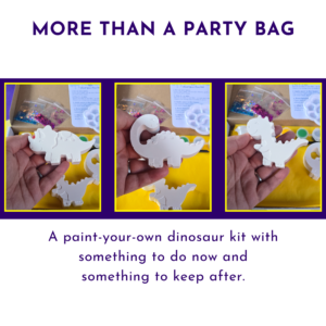 Graphic showing three photos of a child painting dinosaur figures with text about the kit being more than a party bag