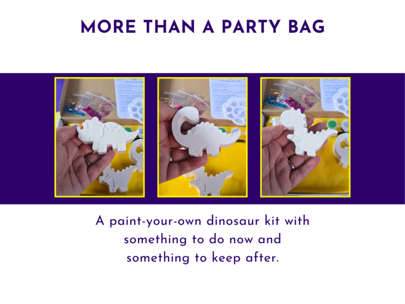 Graphic showing three photos of a child painting dinosaur figures with text about the kit being more than a party bag