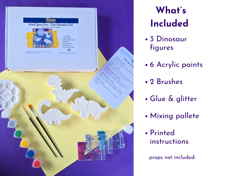 What’s included graphic showing the dinosaur kit contents and a list of included items