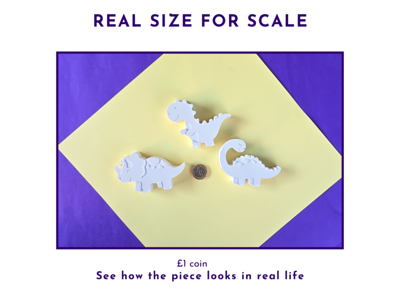 Three blank dinosaur figures arranged on a background with a size note for scale