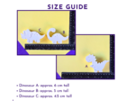 Size guide graphic showing dinosaur figure measurements with ruler visuals
