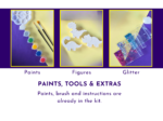 Close-up graphic showing paint pots, dinosaur figures and glitter included in the kit