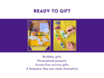 Ready to gift graphic showing the boxed dinosaur kit and a child painting one of the figures