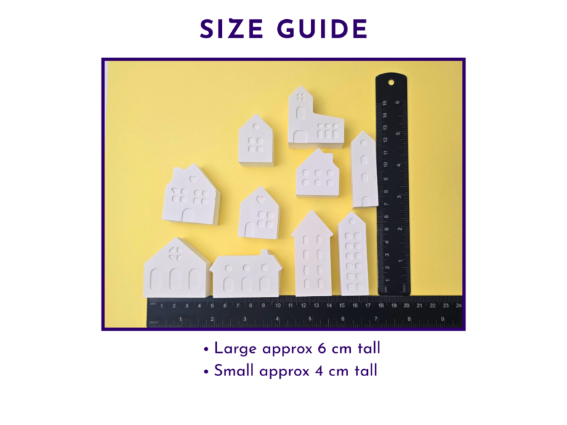 Size guide showing mini village house figures beside a ruler with large and small figure height notes.