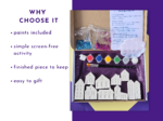 Key features slide for paint your own mini village kit showing contents and simple screen-free activity points.