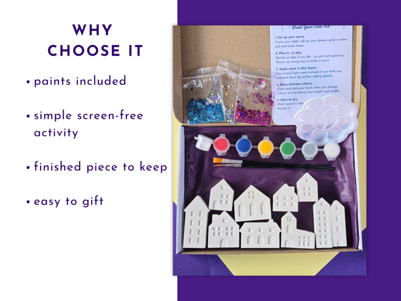 Key features slide for paint your own mini village kit showing contents and simple screen-free activity points.