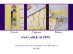 Available in sets slide showing paints, house figures and glitter included with the mini village kit.