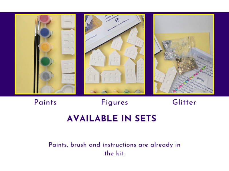 Available in sets slide showing paints, house figures and glitter included with the mini village kit.