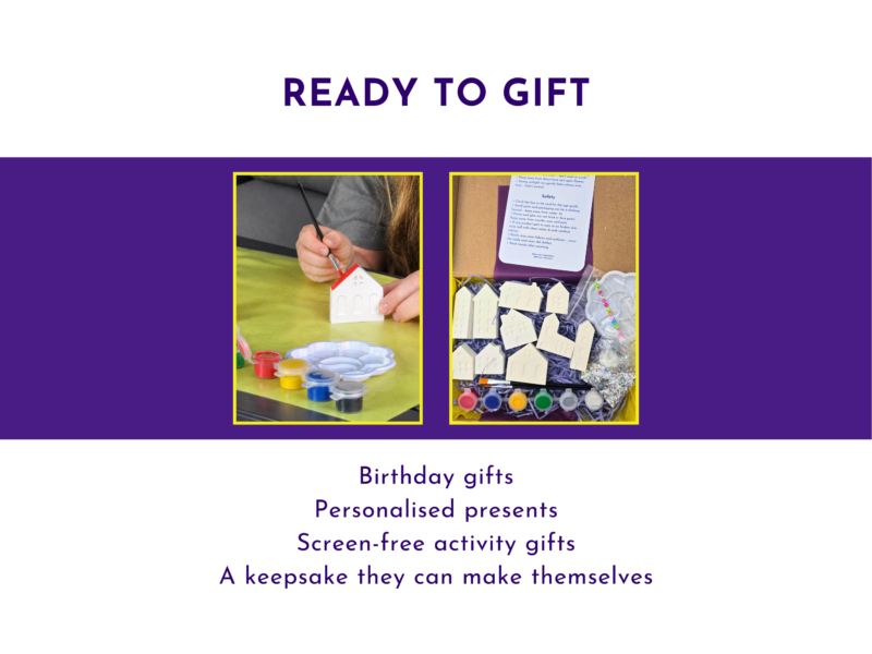Ready to gift slide showing the mini village kit as a birthday gift and creative keepsake activity.