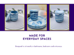 Lifestyle slide showing three views of the storage pot as an everyday home accessory