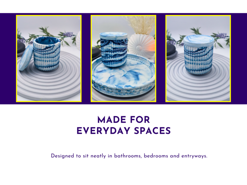 Lifestyle slide showing three views of the storage pot as an everyday home accessory
