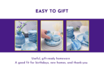 Three blue ceramic vases and bowls framed in yellow on a purple banner, under the 'Easy to Gift' heading (gift-ready homeware).
