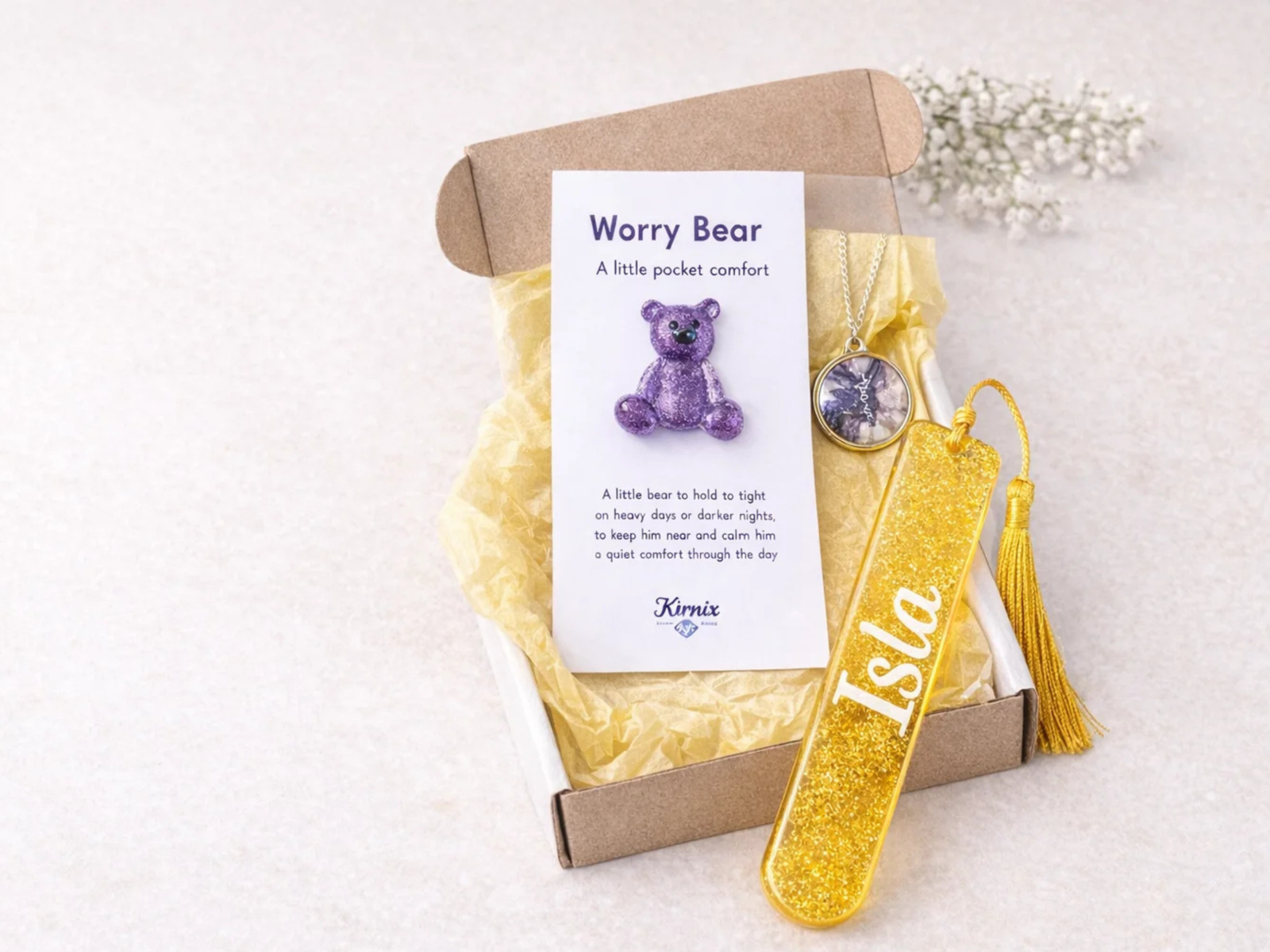 KEEPSAKES
Worry Bear pocket comfort gift set in a presentation box with purple resin bear card, personalised yellow bookmark and pendant necklace