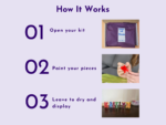 How It Works header with step 01: Open your kit and a photo of a purple package nearby.