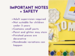 Split banner: left side lists safety notes under 'IMPORTANT NOTES + SAFETY'; right side shows art supplies on a yellow background.