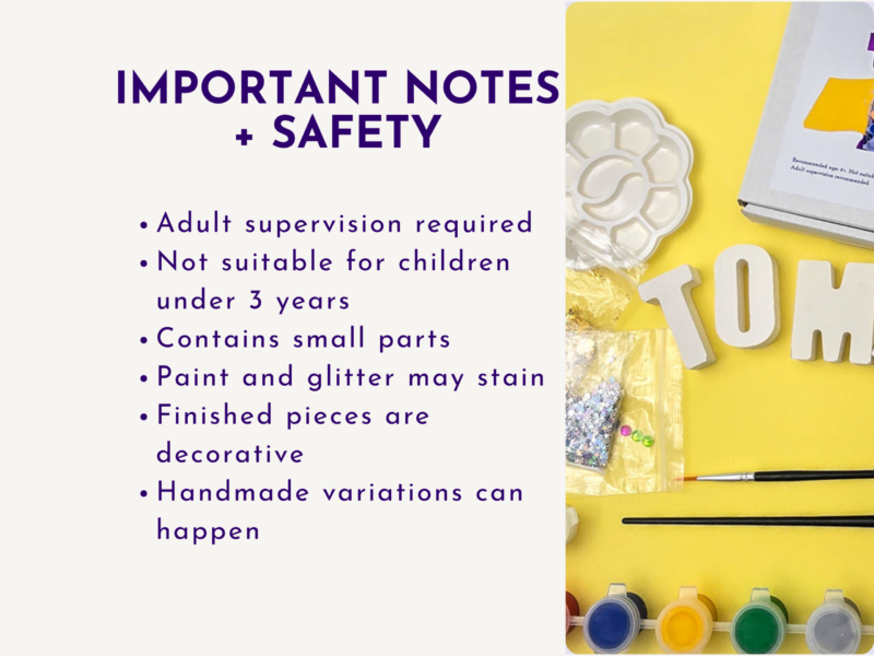 Split banner: left side lists safety notes under 'IMPORTANT NOTES + SAFETY'; right side shows art supplies on a yellow background.