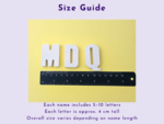 Poster titled Size Guide on a lavender background, featuring large white 3D letters on a yellow panel with a ruler underneath and descriptive text about letter sizes.