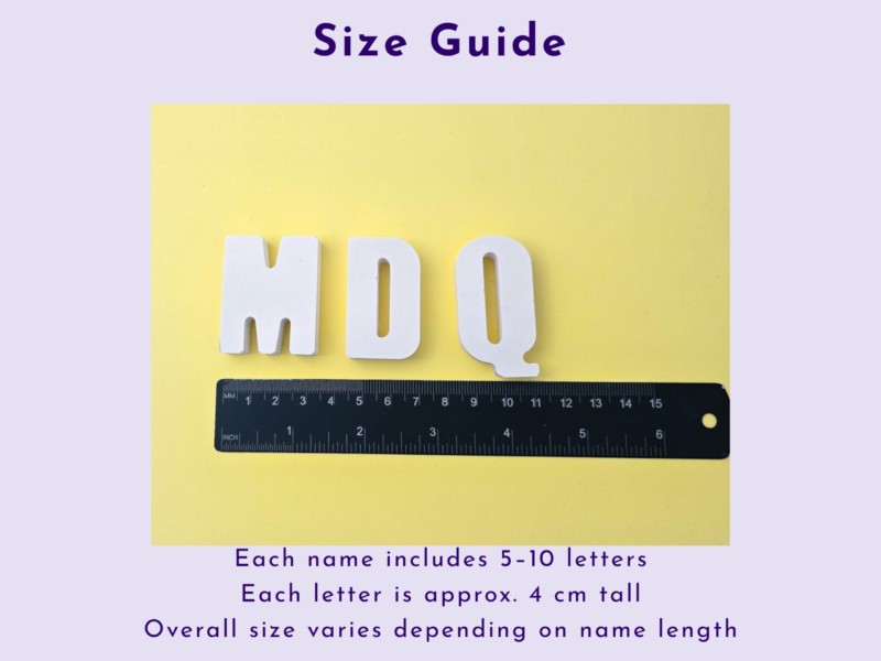 Poster titled Size Guide on a lavender background, featuring large white 3D letters on a yellow panel with a ruler underneath and descriptive text about letter sizes.