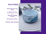 Infographic-style promo showing a ribbed blue ceramic bowl on the right with feature bullets on the left (hand-poured eco resin; lightweight yet durable; smooth sealed surface; raised edge design).