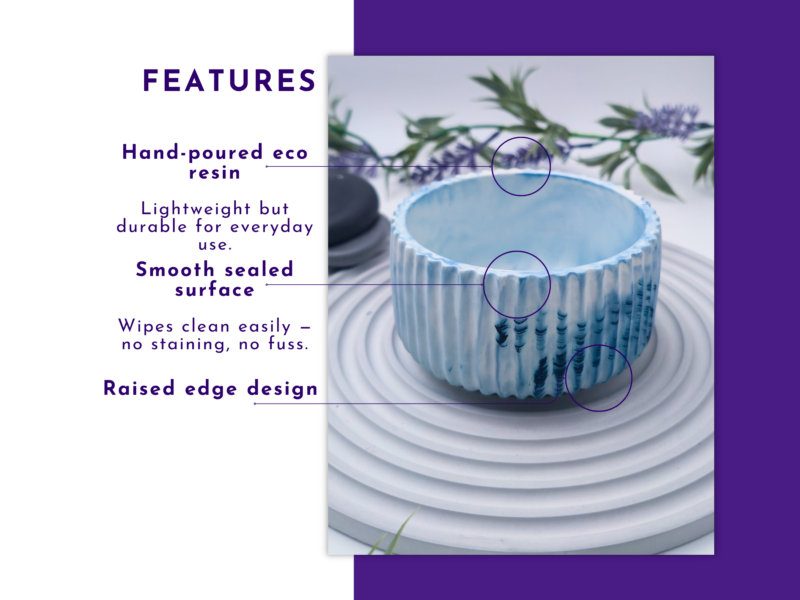 Infographic-style promo showing a ribbed blue ceramic bowl on the right with feature bullets on the left (hand-poured eco resin; lightweight yet durable; smooth sealed surface; raised edge design).