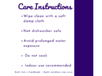 Care instructions panel: wipe with a damp cloth; not dishwasher safe; avoid prolonged water exposure; do not soak (purple accents)