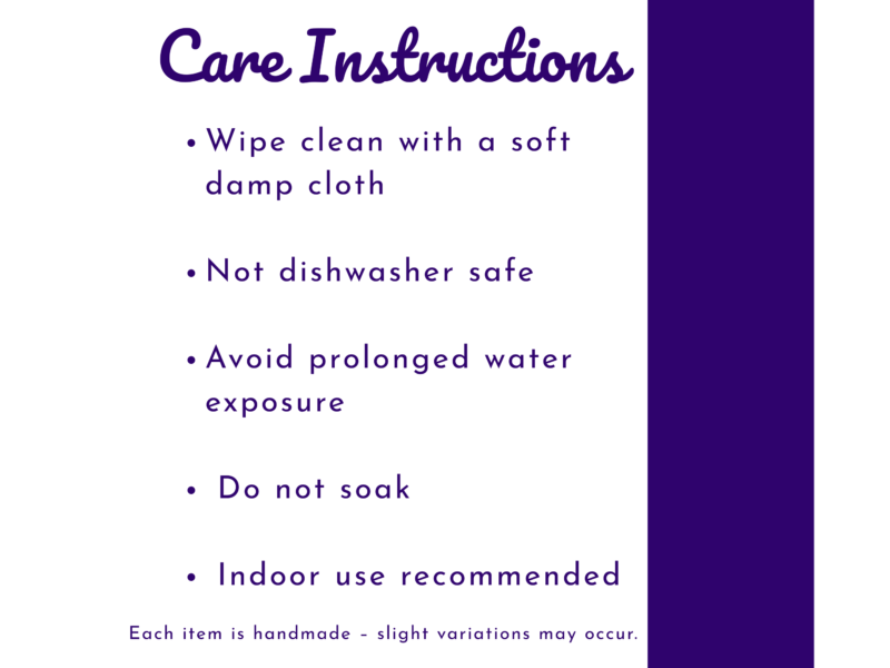 Care instructions panel: wipe with a damp cloth; not dishwasher safe; avoid prolonged water exposure; do not soak (purple accents)