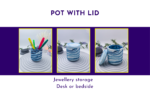 Triptych of ceramic pots with lids on a spiral plate, yellow frames on a purple background. The left pot holds colored pens.
