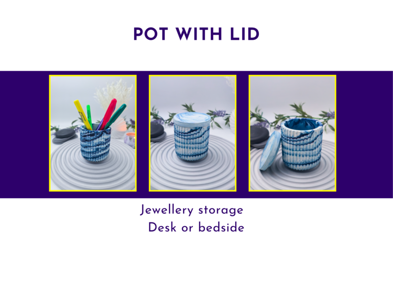 Triptych of ceramic pots with lids on a spiral plate, yellow frames on a purple background. The left pot holds colored pens.
