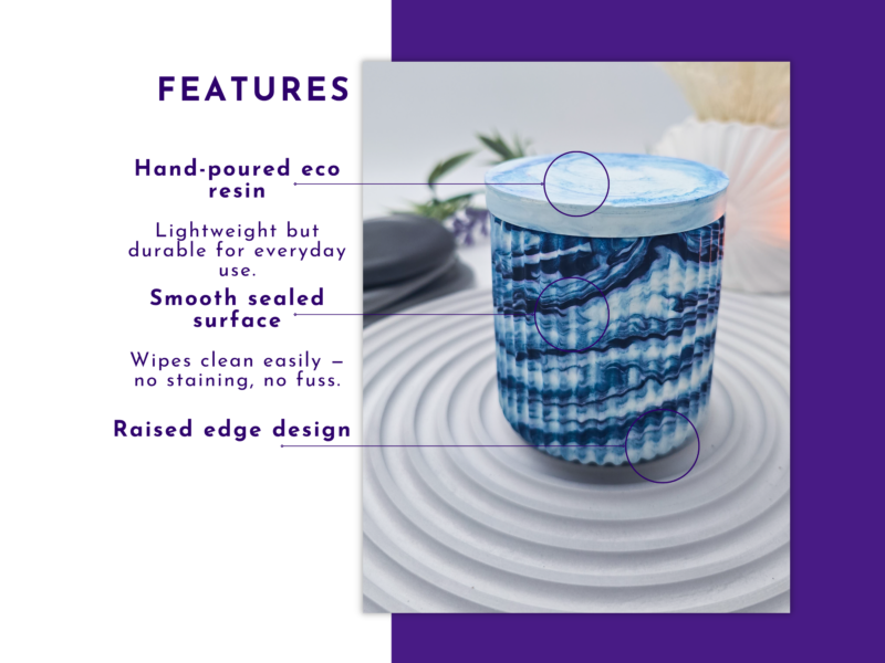 Promotional banner showing features of hand-poured eco resin with bold purple text on the left and a marbled blue ceramic cup on the right.