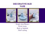 Three framed product photos on a purple banner show a blue ceramic vase with plates and dried flowers, bordered in yellow