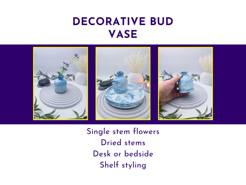 Three framed product photos on a purple banner show a blue ceramic vase with plates and dried flowers, bordered in yellow