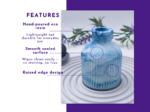 Infographic-style image promoting a hand-poured eco resin vase; features labeled points highlight durability, smooth surface, and easy cleaning.