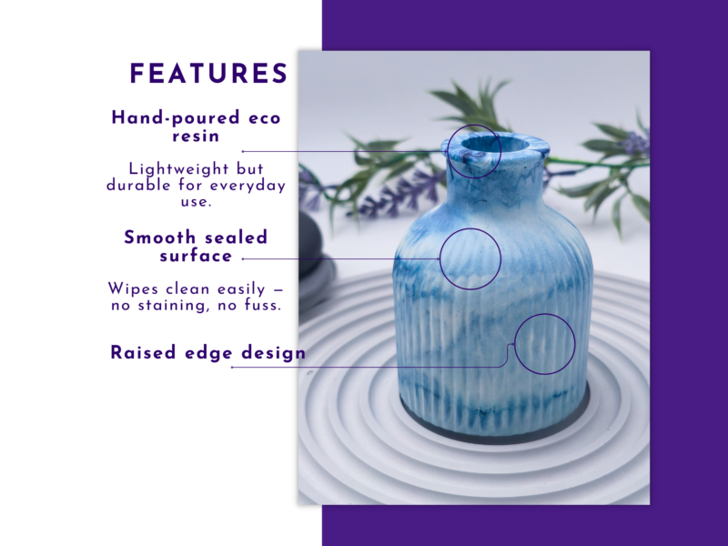 Infographic-style image promoting a hand-poured eco resin vase; features labeled points highlight durability, smooth surface, and easy cleaning.