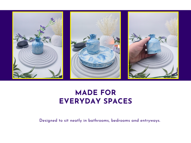 Lifestyle slide showing three views of the bud vase as an everyday home accessory