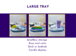Large tray use-case graphic showing the blue marble tray styled for jewellery, desk items, and candle display.