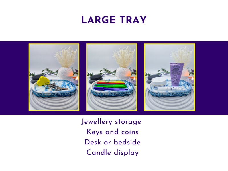 Large tray use-case graphic showing the blue marble tray styled for jewellery, desk items, and candle display.