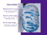 Features graphic for the blue marble oval tray showing the tray shape and raised edge with feature text alongside.