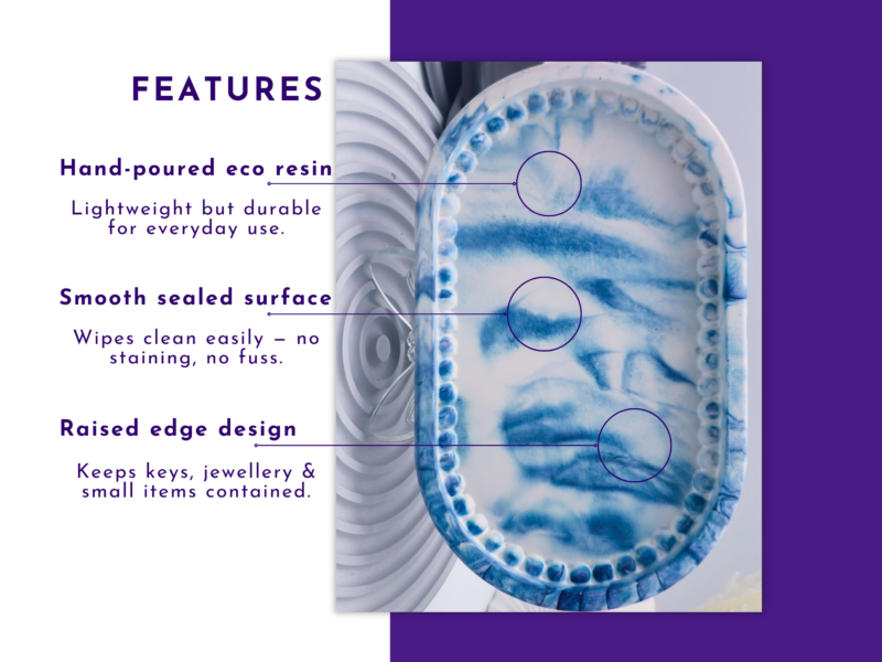 Features graphic for the blue marble oval tray showing the tray shape and raised edge with feature text alongside.