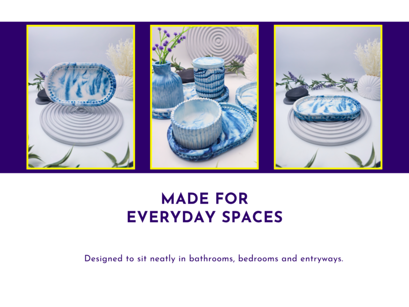 Everyday use graphic showing the tray styled with matching blue marble homeware pieces.